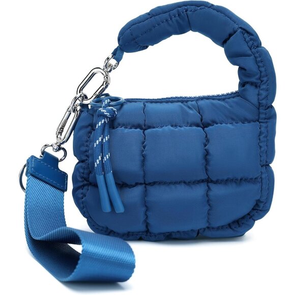 Women's Blue Mini Quilted Wristlet Pouch Cute Charm Gift Puffer Evening Handbag - Picture 1 of 7